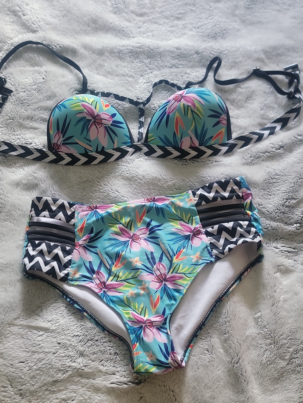 High-Waist Floral Bikini Set in Aqua
